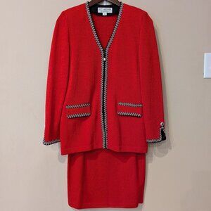 St. John Collection Santana Knits Red Full Zip Jacket & Skirt 2pc Suit